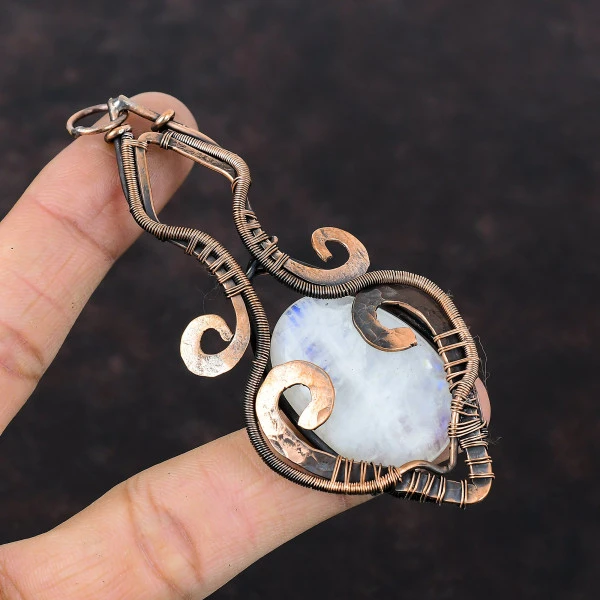 Rainbow Moonstone Oval White Handmade Copper Wire Wrapped Pendant