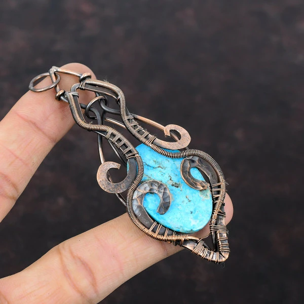 Tibetan Turquoise Oval Blue Handmade Copper Wire Wrapped Pendant