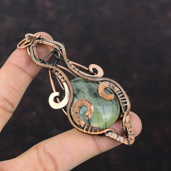 Moss Prehnite Oval Green Handmade Copper Wire Wrapped Pendant