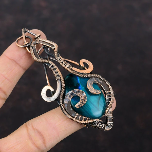 Neon Flash Labradorite Oval Blue Handmade Copper Wire Wrapped Pendant
