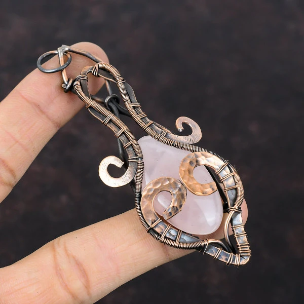 Rose Quartz Oval Pink Handmade Copper Wire Wrapped Pendant