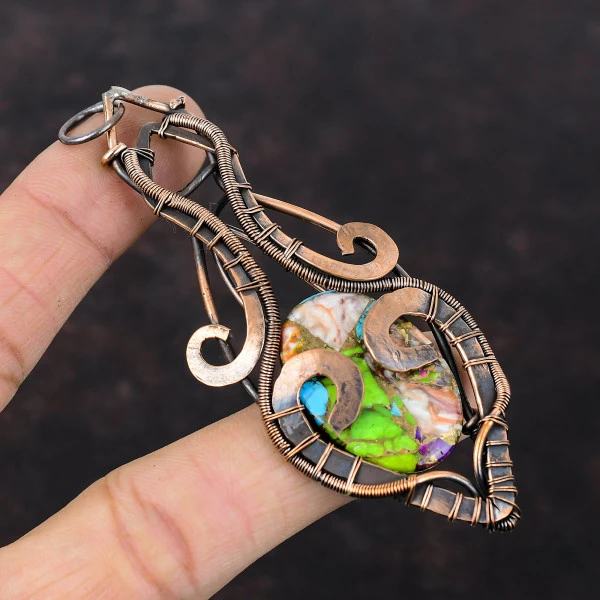 Multi Copper Turquoise Oval Green Handmade Copper Wire Wrapped Pendant