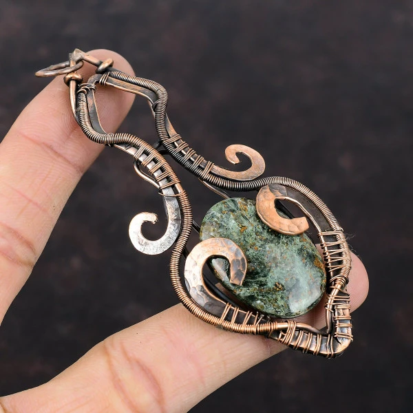 Spessartine Garnet in Limestone Oval Green Handmade Copper Wire Wrapped Pendant