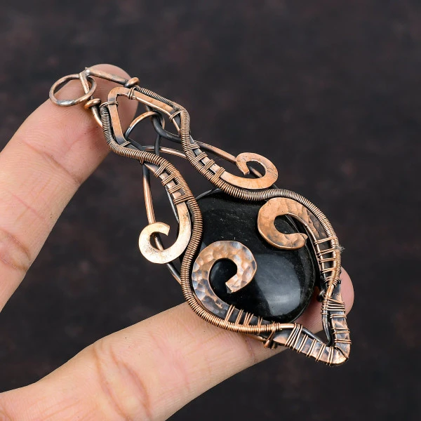 Silver Sheen Obsidian Oval Black Handmade Copper Wire Wrapped Pendant