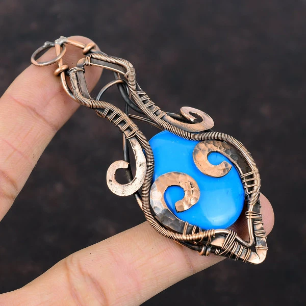 Sleeping Beauty Turquoise Oval Blue Handmade Copper Wire Wrapped Pendant