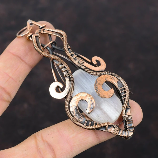 Selenite Druzy Oval White Handmade Copper Wire Wrapped Pendant