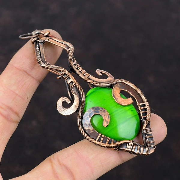 Green Fire Labradorite Oval Green Handmade Copper Wire Wrapped Pendant