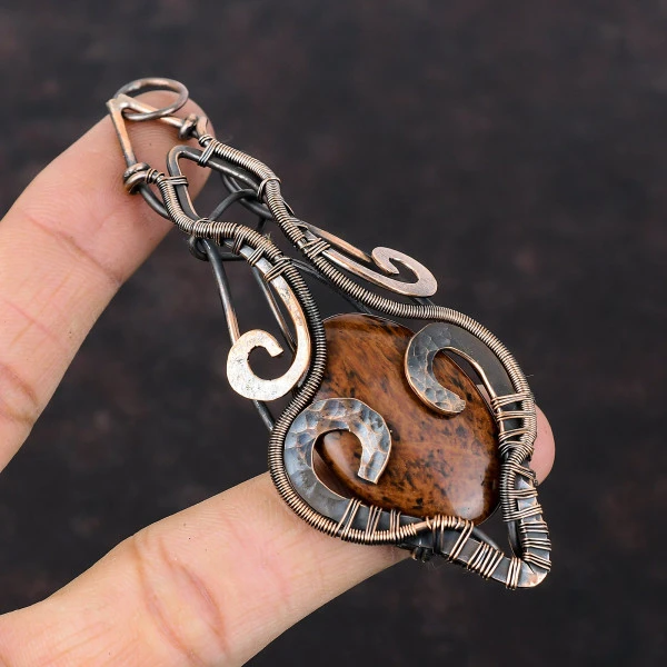 Mahogany Obsidian Oval Brown Handmade Copper Wire Wrapped Pendant