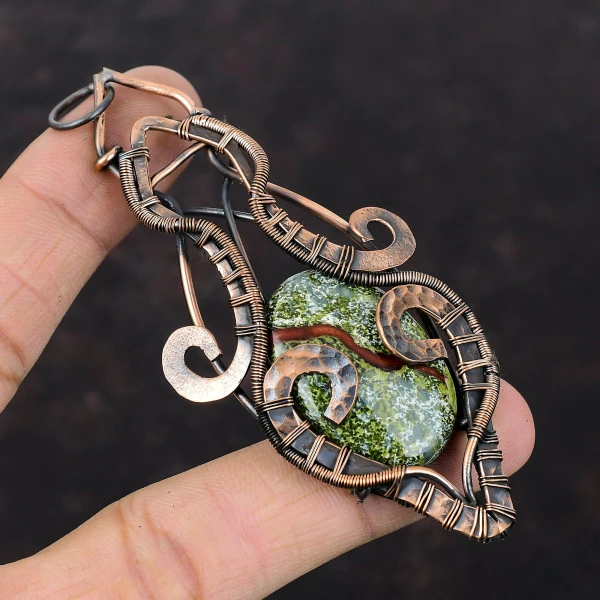 Dragon Bloodstone Oval Green Handmade Copper Wire Wrapped Pendant