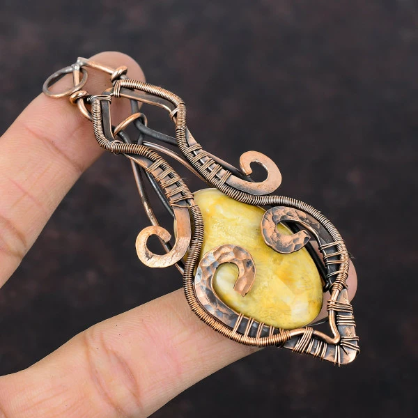 Fossil Coral Oval Yellow Handmade Copper Wire Wrapped Pendant