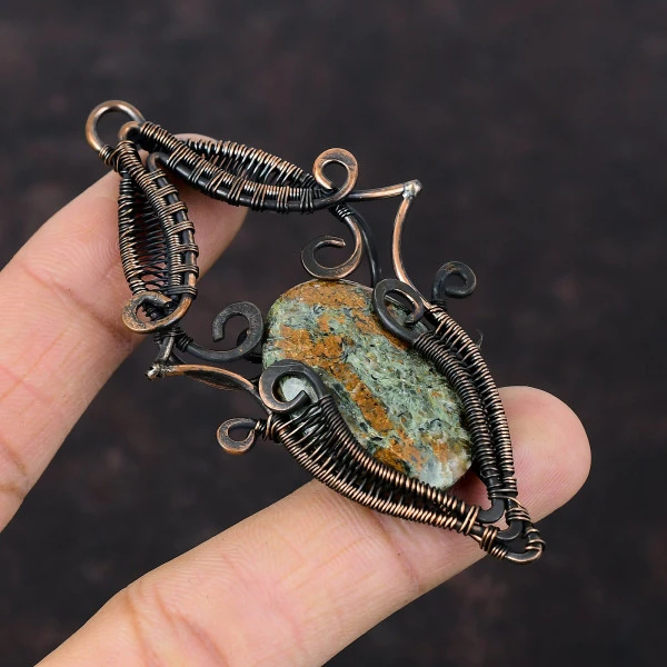 Spessartine Garnet in Limestone Oval Green Handmade Copper Wire Wrapped Pendant