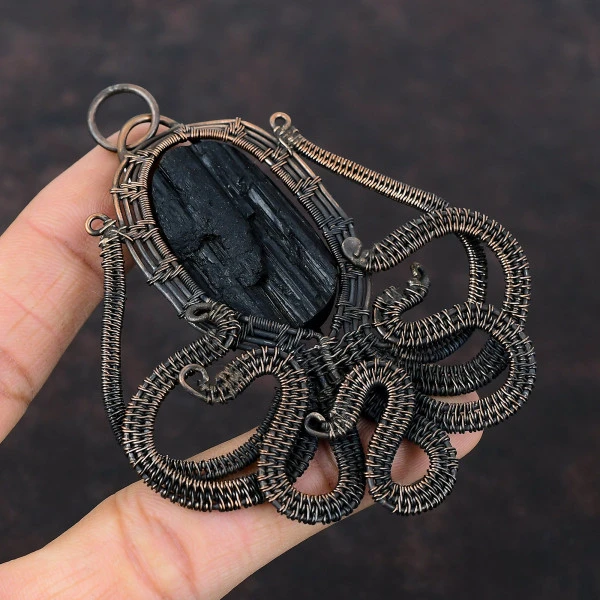 Black Tourmaline Rough Oval Black Handmade Copper Wire Wrapped Pendant
