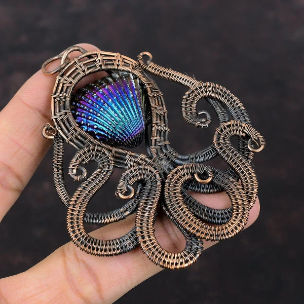 Titanium Coated Shell Pear Purple Handmade Copper Wire Wrapped Pendant