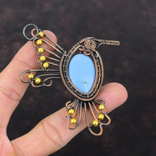 Owyhee Blue Opal Oval Blue Handmade Copper Wire Wrapped Pendant