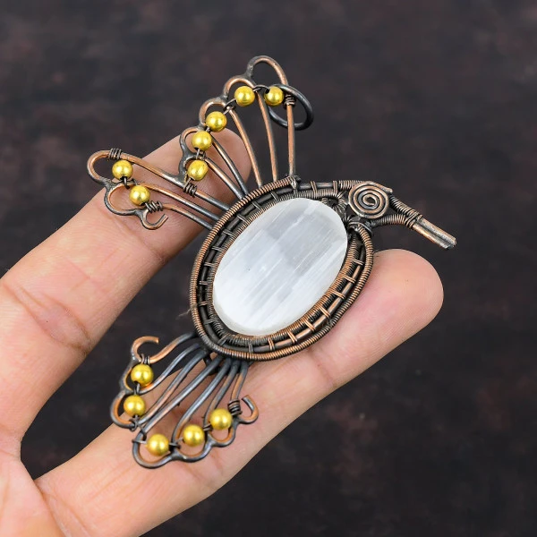 Selenite Druzy Oval White Handmade Copper Wire Wrapped Pendant