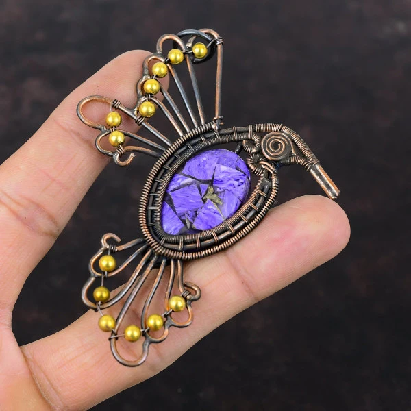 Copper Charoite Oval Purple Handmade Copper Wire Wrapped Pendant