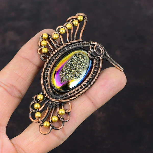 Titanium Druzy Oval Yellow Handmade Copper Wire Wrapped Pendant