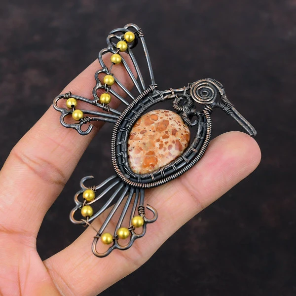 Asteroid Jasper Oval Red Handmade Copper Wire Wrapped Pendant