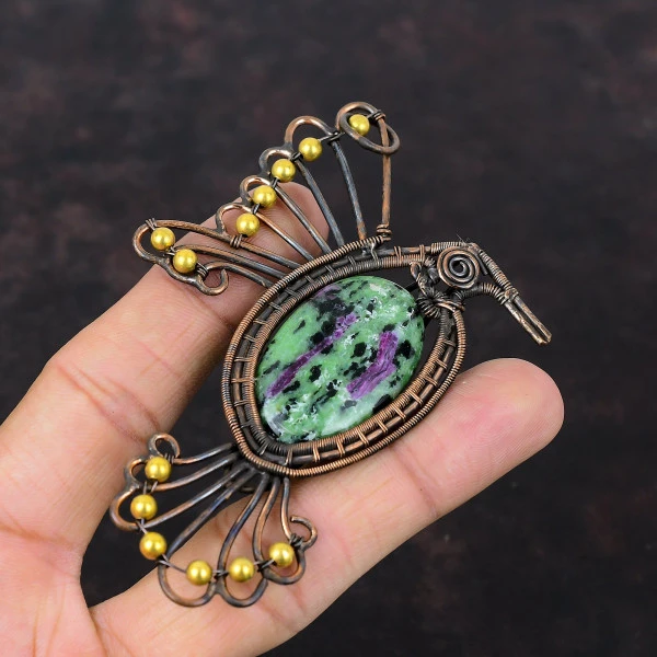 Ruby Zoisite Oval Green Handmade Copper Wire Wrapped Pendant