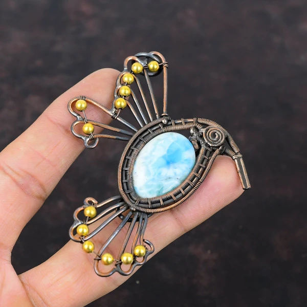 Larimar Oval Blue Handmade Copper Wire Wrapped Pendant