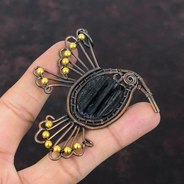 Black Tourmaline Rough Oval Black Handmade Copper Wire Wrapped Pendant