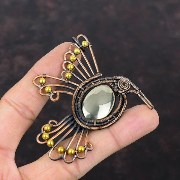 Apache Pyrite Oval Gold Handmade Copper Wire Wrapped Pendant