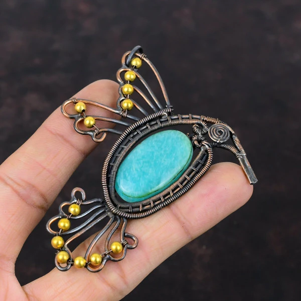 Amazonite Oval Green Handmade Copper Wire Wrapped Pendant