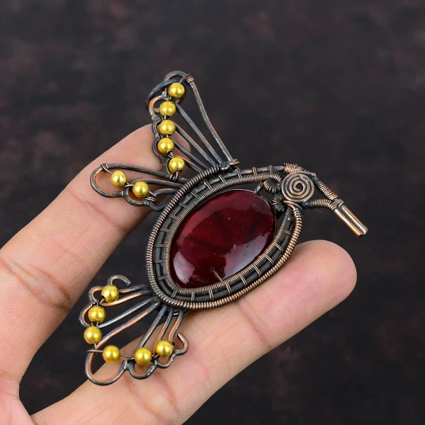 Red Fire Labradorite Oval Red Handmade Copper Wire Wrapped Pendant