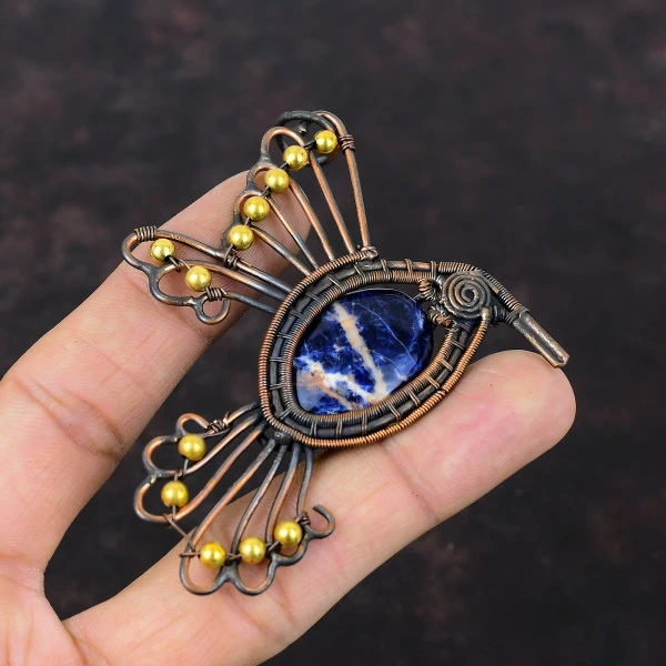 Sodalite Oval Blue Handmade Copper Wire Wrapped Pendant