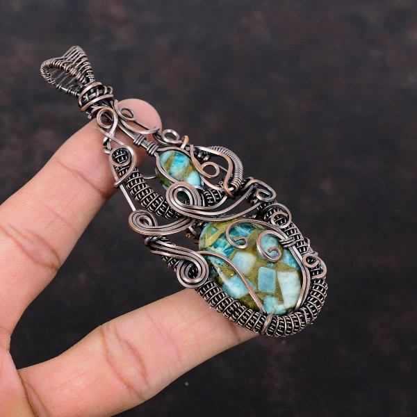 Copper Amazonite Oval Green Handmade Copper Wire Wrapped Pendant