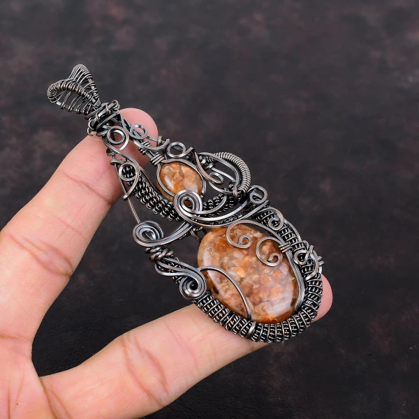 Sunstone Oval Orange Handmade Copper Wire Wrapped Pendant