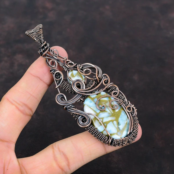 Copper Larimar Oval Blue Handmade Copper Wire Wrapped Pendant