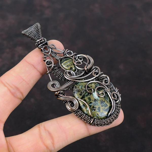 Copper Seraphinite Oval Green Handmade Copper Wire Wrapped Pendant