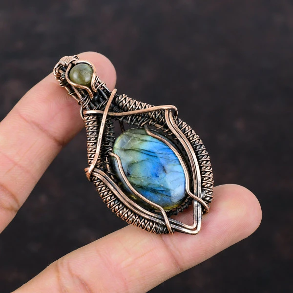 Labradorite Oval Blue Handmade Copper Wire Wrapped Pendant