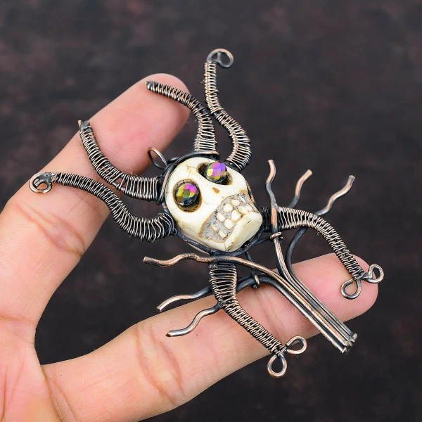 Howlite Oval White Handmade Copper Wire Wrapped Pendant