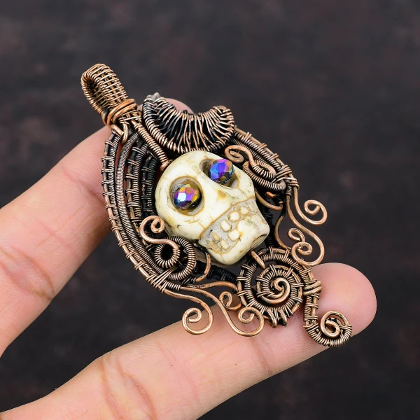 Howlite Oval White Handmade Copper Wire Wrapped Pendant