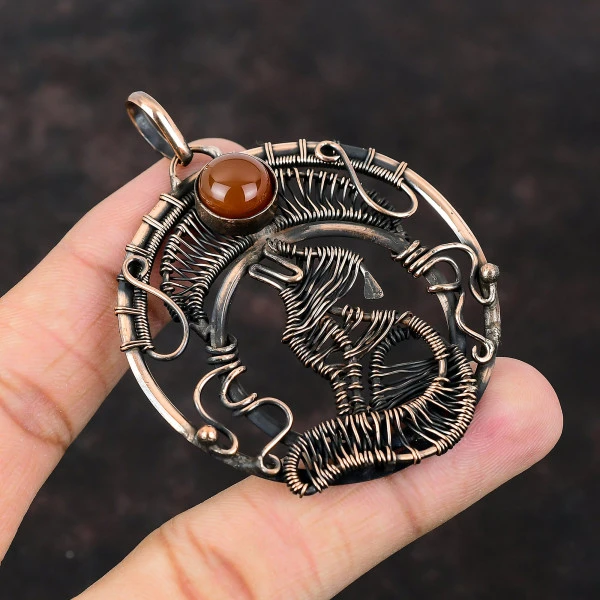 Carnelian Round Red Handmade Copper Wire Wrapped Pendant