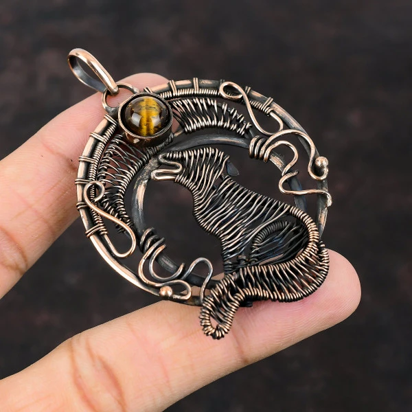 Tiger's Eye Round Brown Handmade Copper Wire Wrapped Pendant