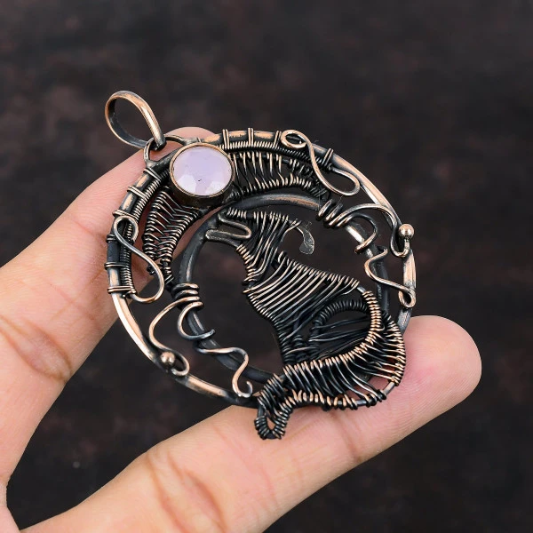 Pink Chalcedony Round Pink Handmade Copper Wire Wrapped Pendant