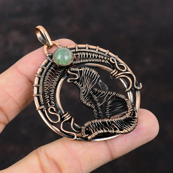 Vasonite Round Green Handmade Copper Wire Wrapped Pendant