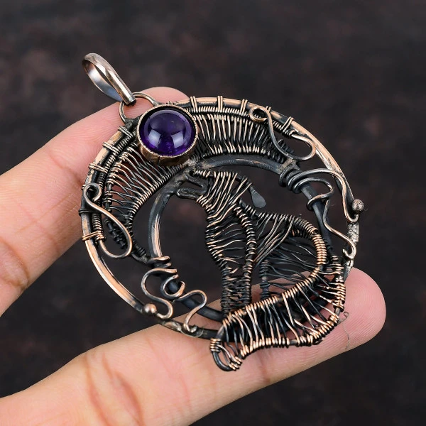 Star Amethyst Round Purple Handmade Copper Wire Wrapped Pendant