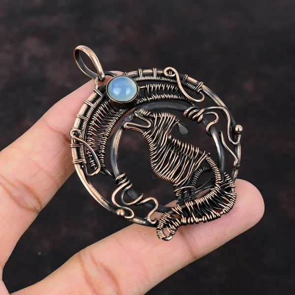 Blue Chalcedony Round Blue Handmade Copper Wire Wrapped Pendant