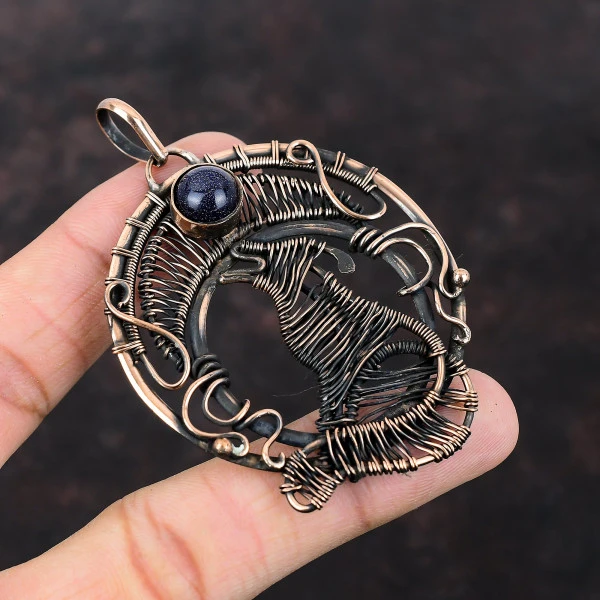 Blue Sunstone Round Blue Handmade Copper Wire Wrapped Pendant