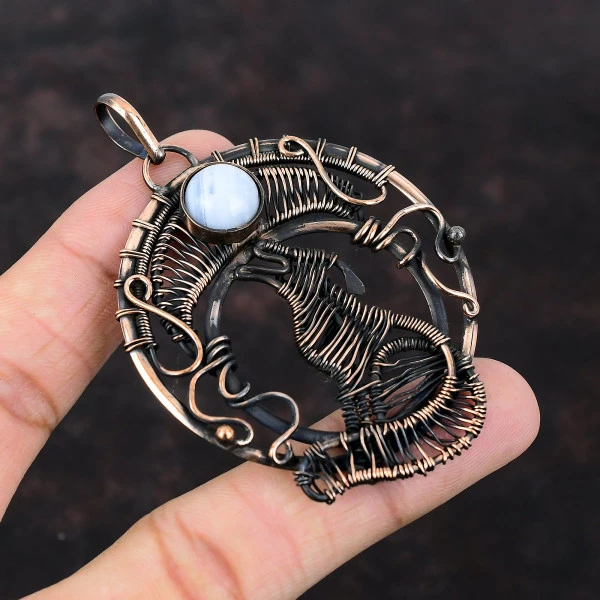 Blue Lace Agate Round Blue Handmade Copper Wire Wrapped Pendant