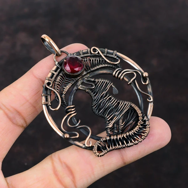 Mozambique Garnet Round Red Handmade Copper Wire Wrapped Pendant