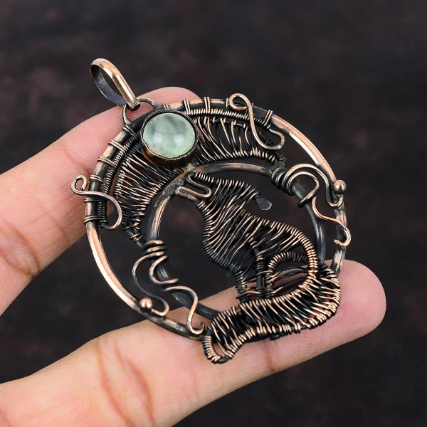 Prehnite Round Green Handmade Copper Wire Wrapped Pendant