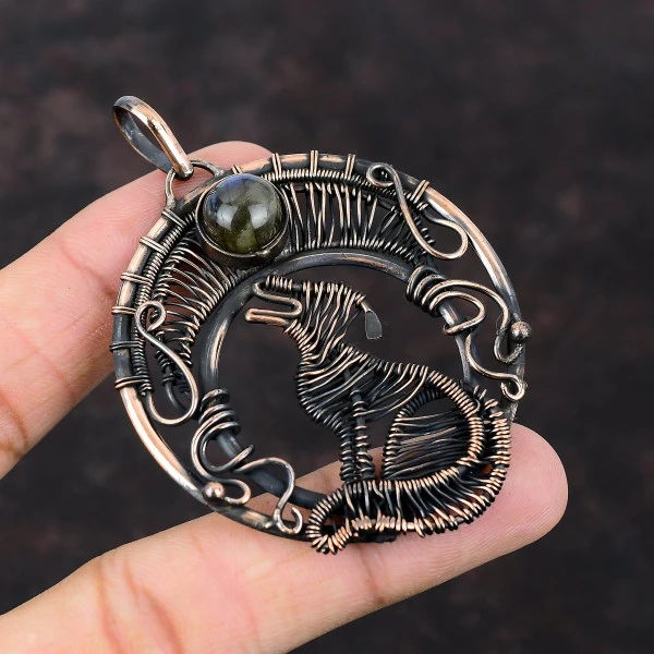 Labradorite Round Gray Handmade Copper Wire Wrapped Pendant