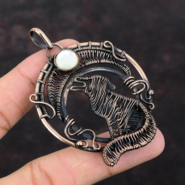 Mother Of Pearl Round White Handmade Copper Wire Wrapped Pendant