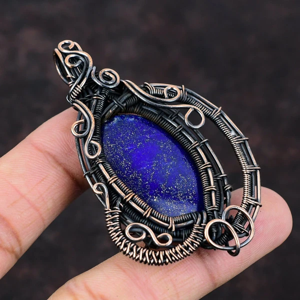 Lapis Lazuli Oval Blue Handmade Copper Wire Wrapped Pendant