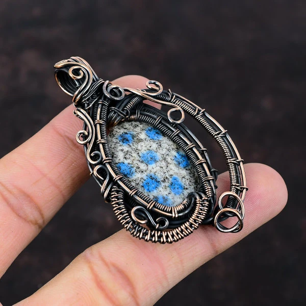 K2 Jasper Oval White Handmade Copper Wire Wrapped Pendant